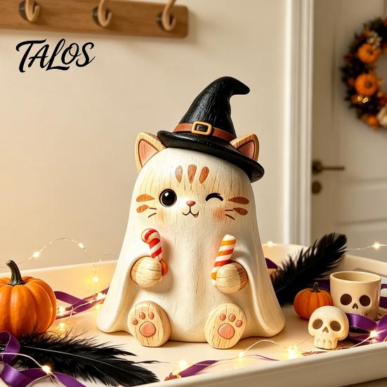 Gothic Style Figurine Vintage Witch Cat Halloween Decoration, Small Wooden Lover Gifts for Farmhouse Mantel, Bookshelf Table, Desktop Decor