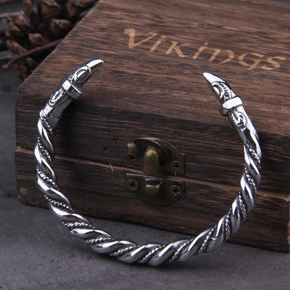 Stainless Steel Nordic Viking Norse Raven Bracelet Men Wristband Cuff Bracelets with Viking Wooden Box