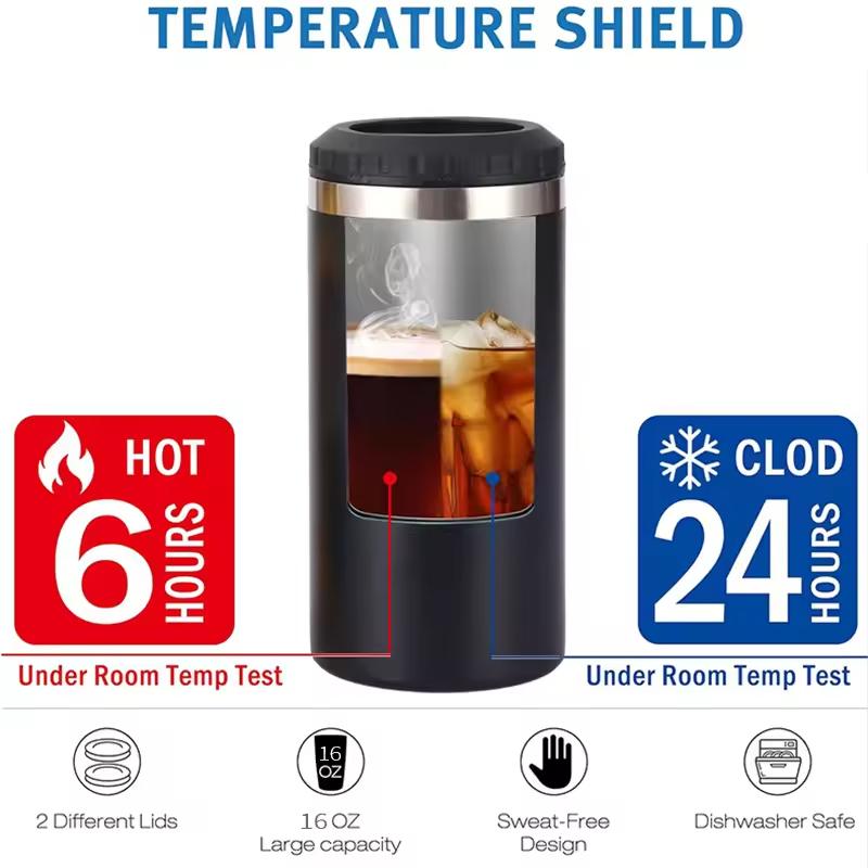 16oz Coffee Cup Stainless Steel Vacuum Flask Double-Lid Insulated Travel Mug Gift for Home Office School