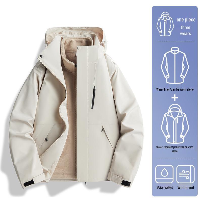 Unisex 2024 Autumn/Winter 3-in-1 Windproof Jacket: Waterproof, Fleece-Lined, Loose Fit, Casual Outerwear.