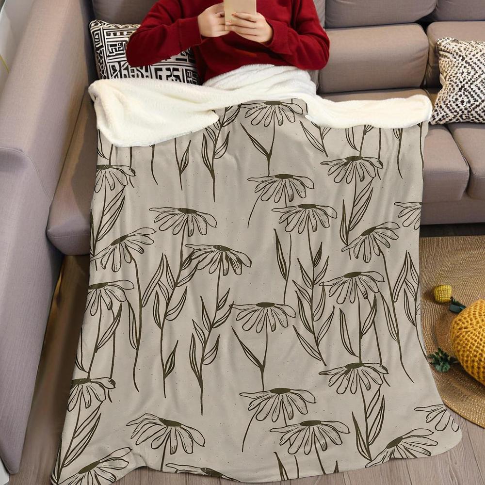 Minimalist Daisy Sketch Flannel Blanket Warm Soft Halloween Christmas Couch Warm Cozy Decorative Decor Gift for All Season