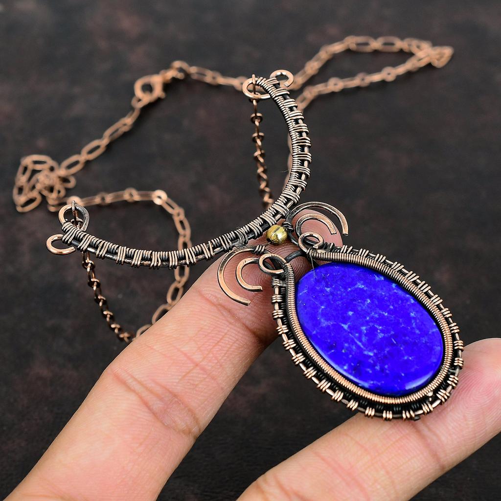 Lapis Lazuli Necklace Copper Wire Wrapped Gemstone Jewelry Adjustable Necklace Copper Wire Wrapped Necklace Handmade Jewelry Engagement Gift