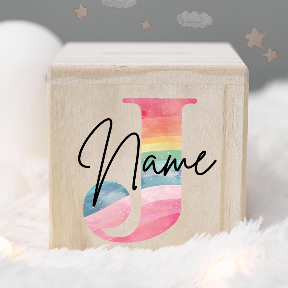 Personalized Money Box Kids Money Boxes Rainbow Letter with Name Coin Collection Box Wooded Coin Bank Child Birthday Shower Gift