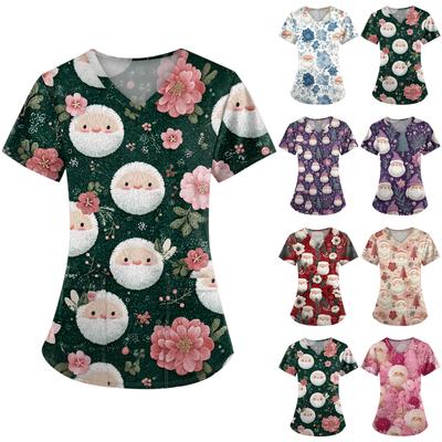 Женские топы с короткими рукавами и v-образным вырезом с рождественским принтом, рабочая блузка с карманами