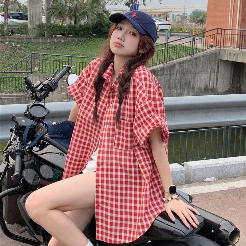 

Женские красные клетчатые рубашки с коротким рукавом Летние универсальные ретро тонкие топы Корейский стиль Свободная рубашка на одной пуговице XL красный