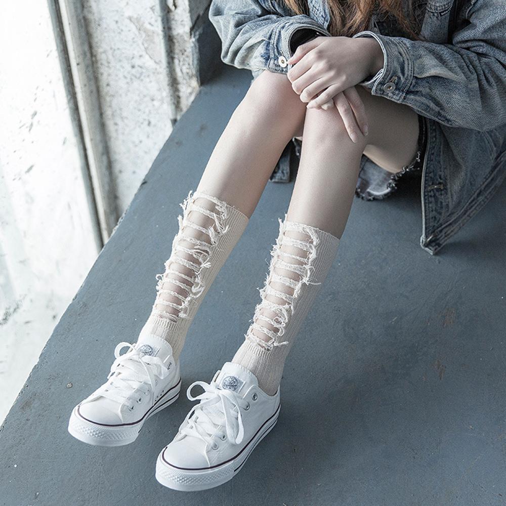 Street Style Solid color Broken Cotton Gothic Summer Stockings Hem Ribbed Ripped Socks Beggar Socks