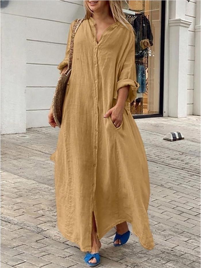 2024 Lässiges Baumwoll-Leinen Taschenhemd Kragen Langkleid, Übergröße