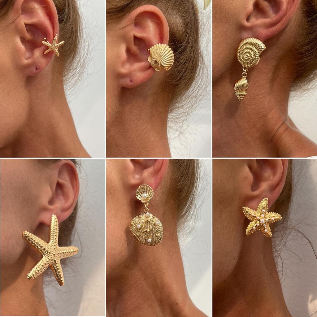 Ohrstecker mit übertriebenem Sternmotiv, für Sommer, Strand, Ozean, personalisierbar, trendig, Urlaub, Kunstperle, Seestern, Metallohrring für Frauen und Mädchen