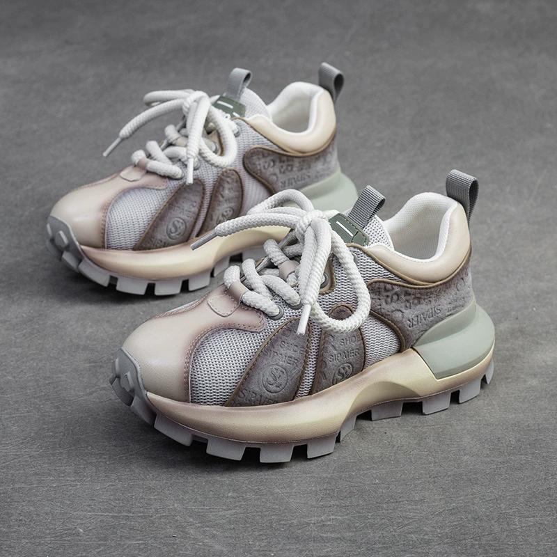 Fashion GKTINOO 2025 Autumn New Breathable Mesh Mixed Colors Sneakers Genuine Leather Lace-up Casual Women's Shoes