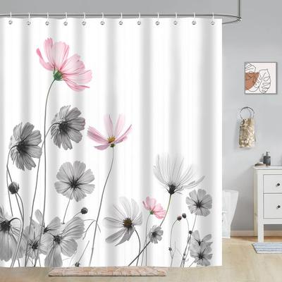 Pink Gray Flowers Shower Curtain, Daisy Floral Simple and Fresh Elegance Plants Cloth Rustic Farmhouse Bathroom Decor Sets,