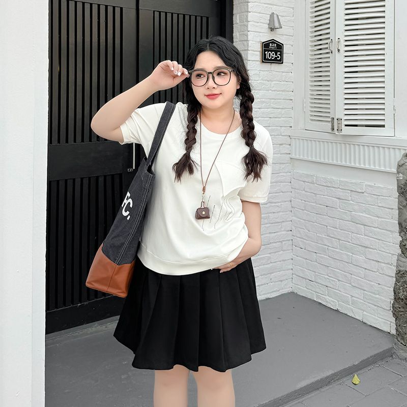 

Plus size women clothing [Easy Street Set] Cool Feeling Irregular Design Sense Summer Short sleeve T-shirt Pleated Short dress