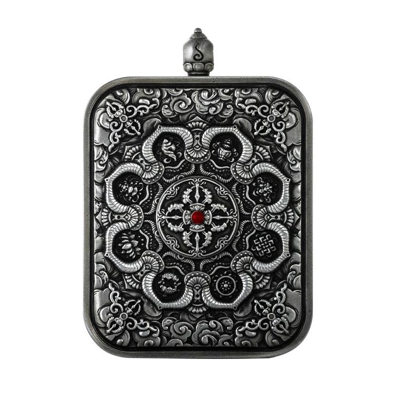 Authentic Sterling Silver & Brass Eight Auspicious Symbols Pendant Thangka Ga'u Box with Exquisite Relief from Nepal