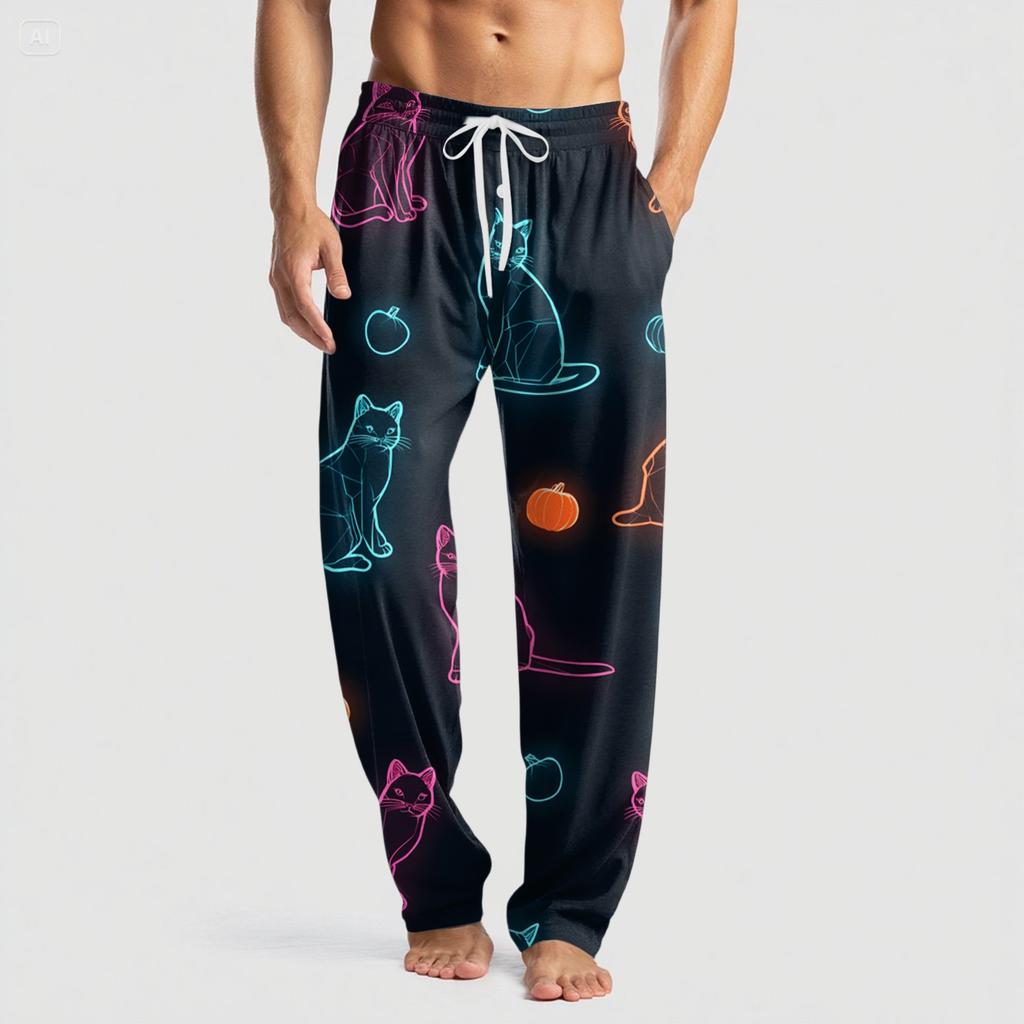 Men's Knitted Halloween Print Pocket Casual Pants Pajama Pants