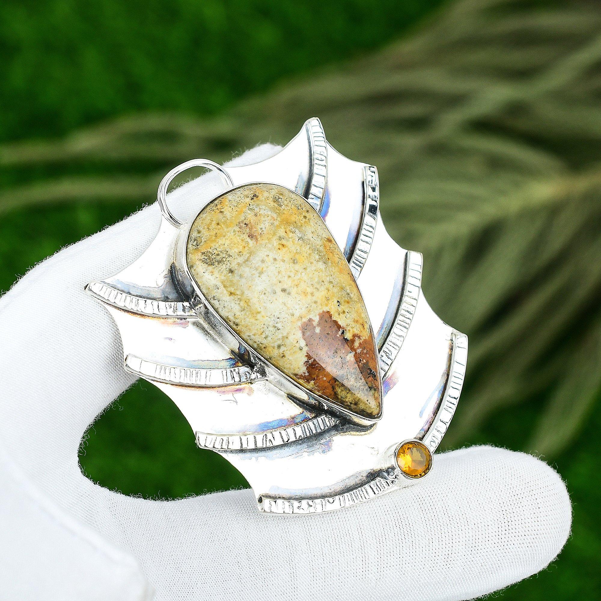 

Easter Sale Pear Picture Jasper Stone Citrine Sterling Silver Handmade Pendant