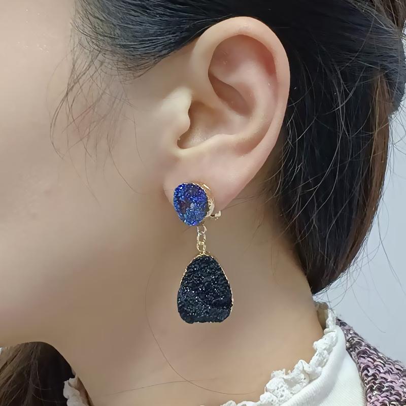 New Bohemian Green Druzy Resin Stone Clip on Earrings No Pierced for Women Jewelry Drusy Ear Clips Eardrop Long Earrings