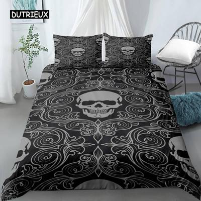 Juego de Funda Nórdica Queen Calavera Negro Esqueleto Patrón Paisley Floral Juego de Cama para Adolescente Adulto Poliéster Funda de Edredón de Halloween