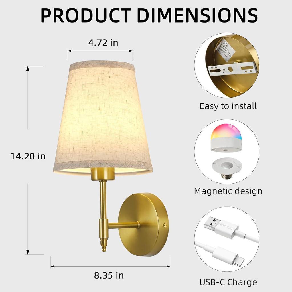 American-Style Wireless RGB Wall Lamp with Remote Control and Fabric Shade for Bedside, Living Room, or Stairwell