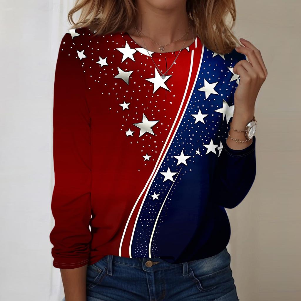 Damen Casual Langarm Rundhals Oberteil Unabhängigkeitstag Blumenprint Leichter Pullover für den Alltag