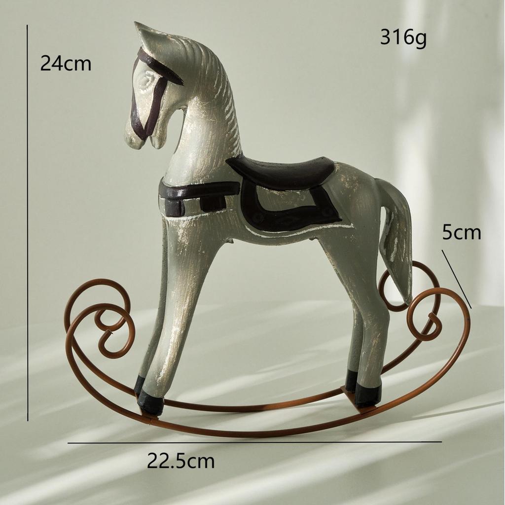 Nordic Retro Distressed Wooden Rocking Horse Ornament for Home and Children's Room Decor.