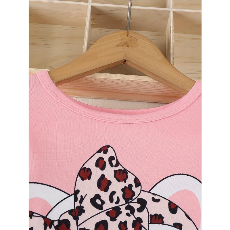 Long-Sleeve And Long-Pants Outfit for Girls | Cute Cat Design T-Shirt And Leopard Print Pants | Soft And Comfortable Set Suitable for Outdoor Wear