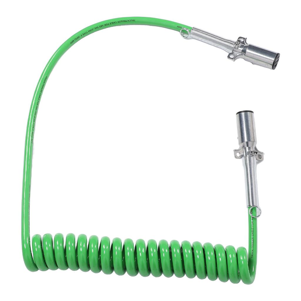 15FT 7 Way Coiled Trailer Cord Long Tail ABS Power Line Green Heavy Duty Power Wire for Semi Trucks Tractors