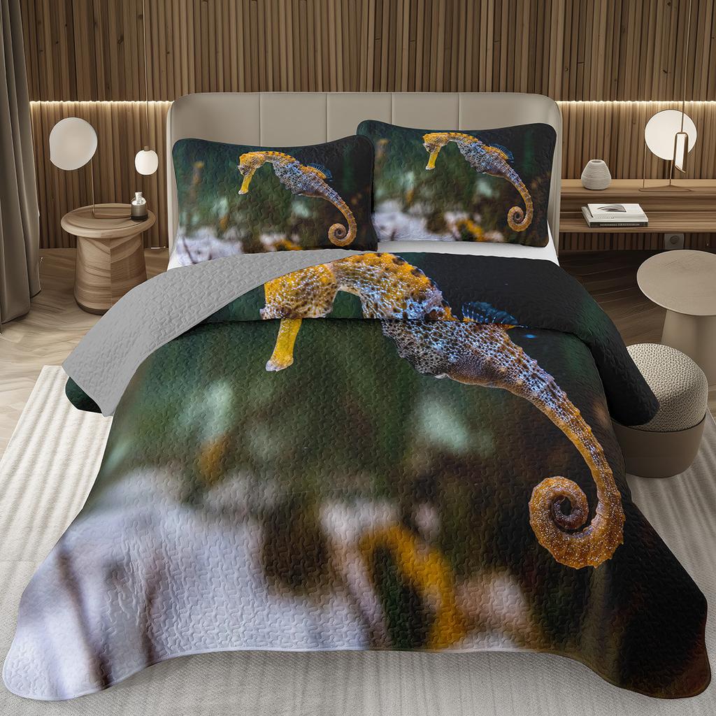 Comforter Seahorse Queen Size 3D Seahorse Printed Bedding Set Ocean Animal Quilted Marine Mediterranean Style Bed