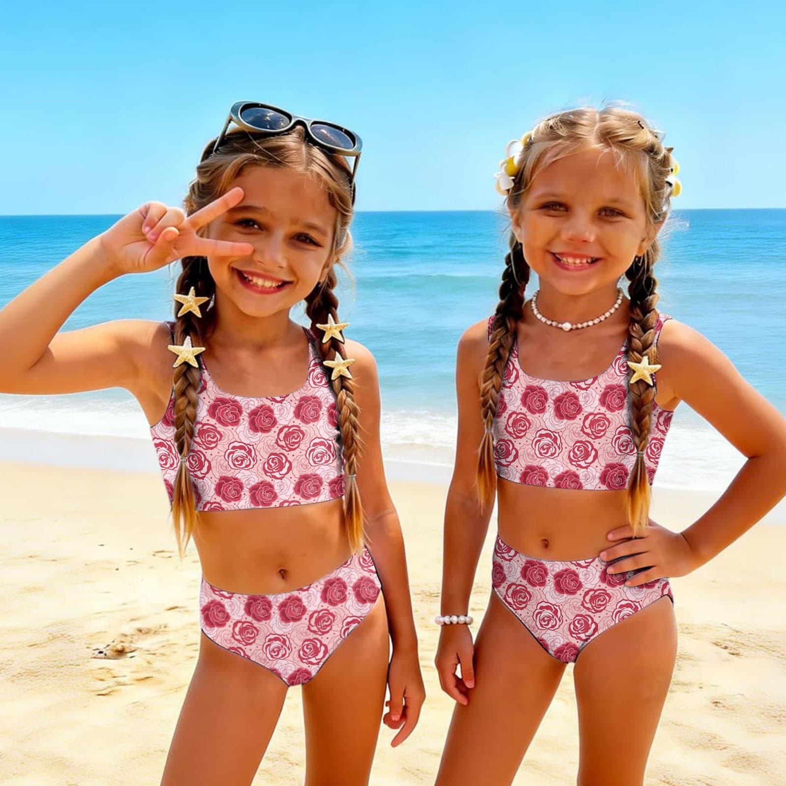 

Girls Two Piece Swimsuit Set Floral Print Tankini Top and High Waist Bottoms Summer Beachwear Swimwear for Kids 100 красный