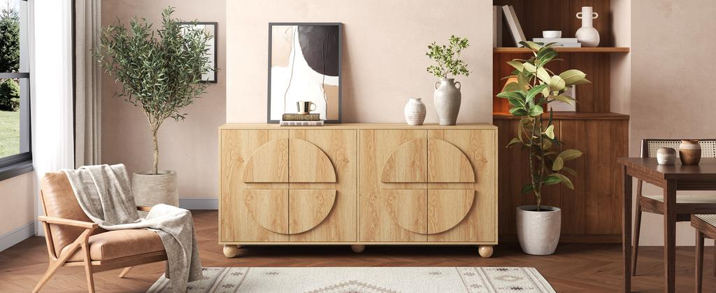 Credenza a Quattro Ante con Aspetto a Rilievo Circolare, Armadio contenitore con Ripiani Regolabili, Mobile da Corridoio Effetto Legno