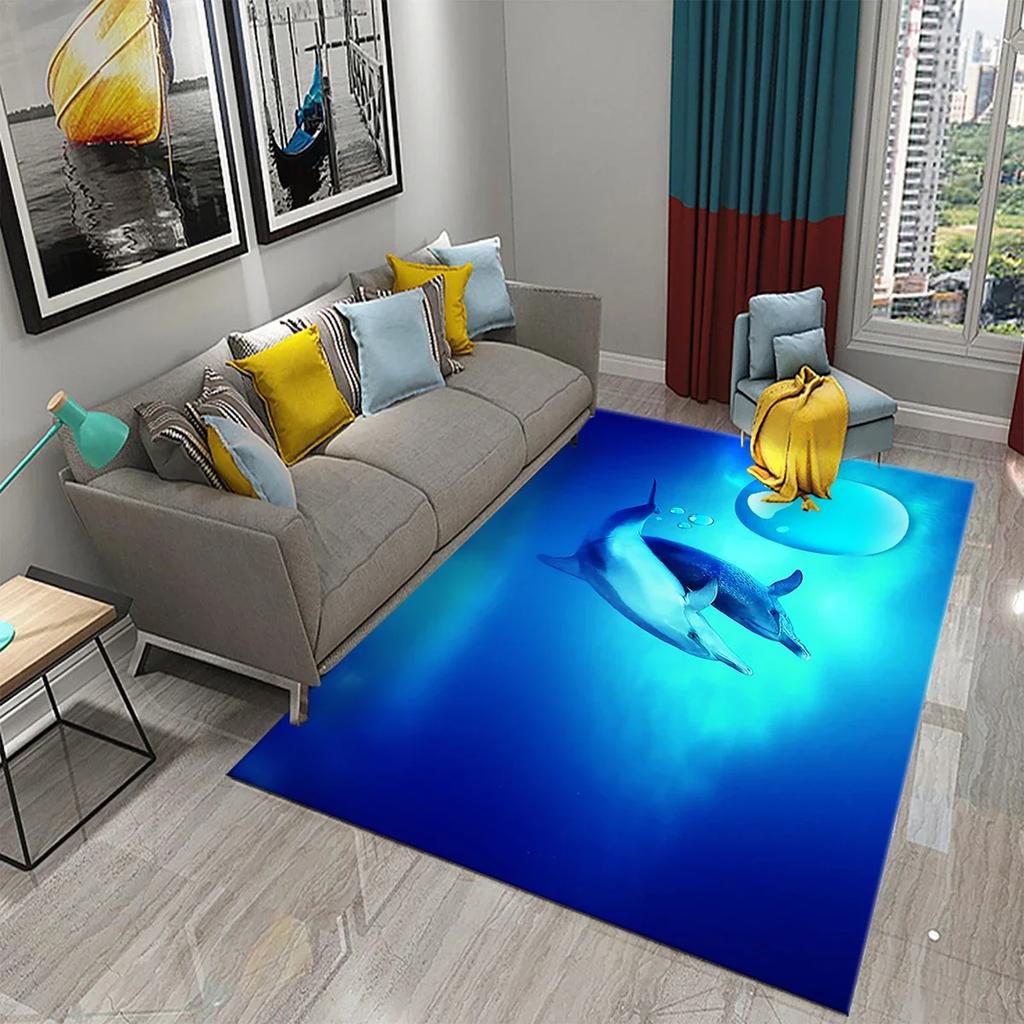 Cartoon Dolphin Carpet Cute Marine Animal Rug for Kid Bedroom Carpet Children Play Crawling Mat Bathroom Non-slip Mat Home Decor