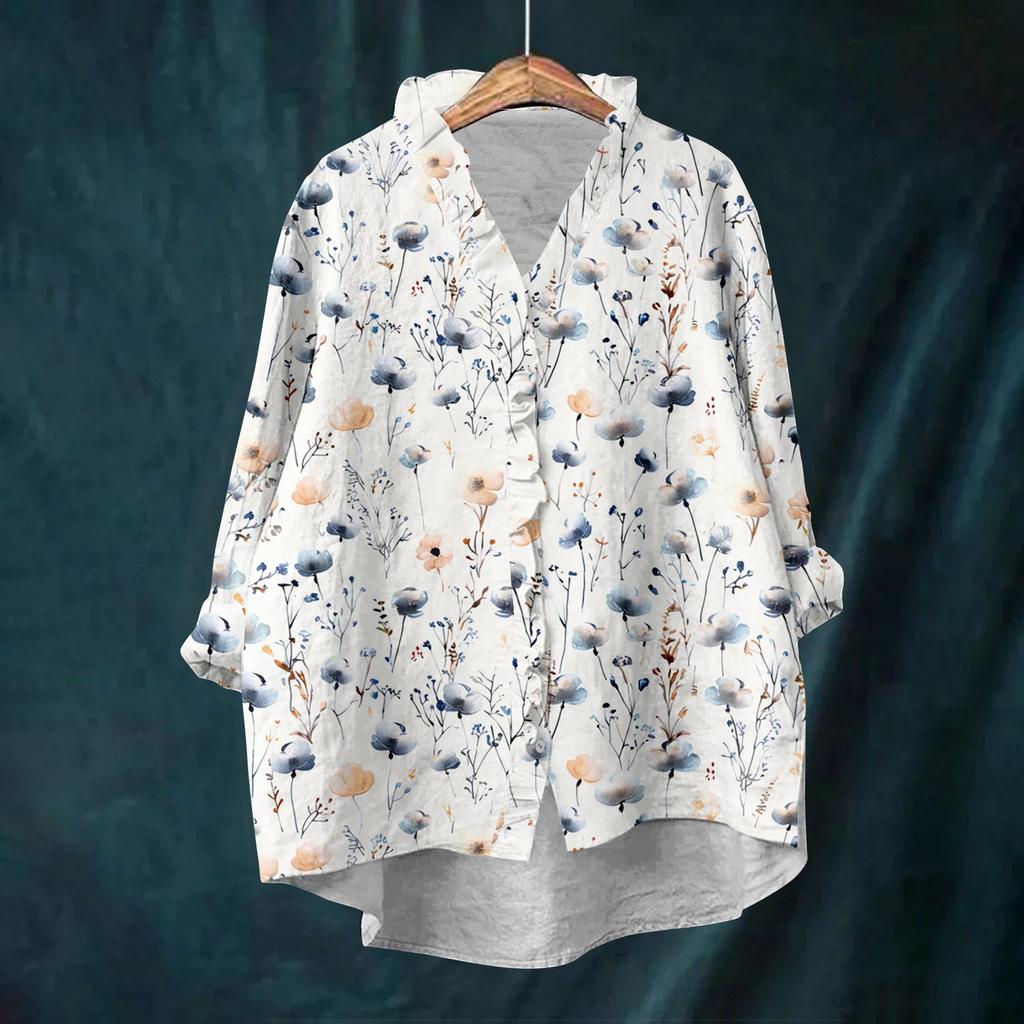 Women's Loose Ruffled Floral Print Stand Collar Long Sleeve Cotton And Linen Top