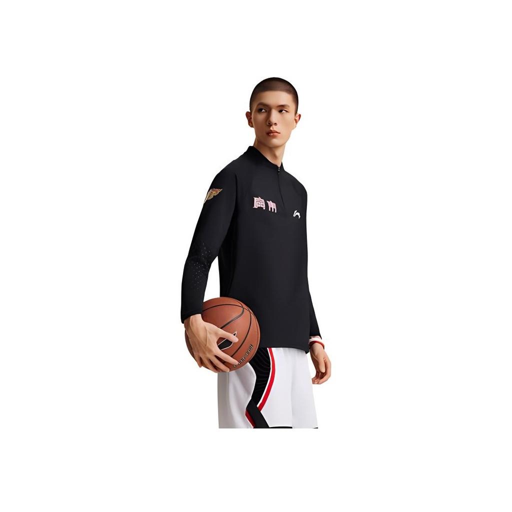 Li-Ning Professional Basketball Series Logo Stand Collar Sports Knitted Long Sleeve T-Shirt Men Tops Black ATLU259-2