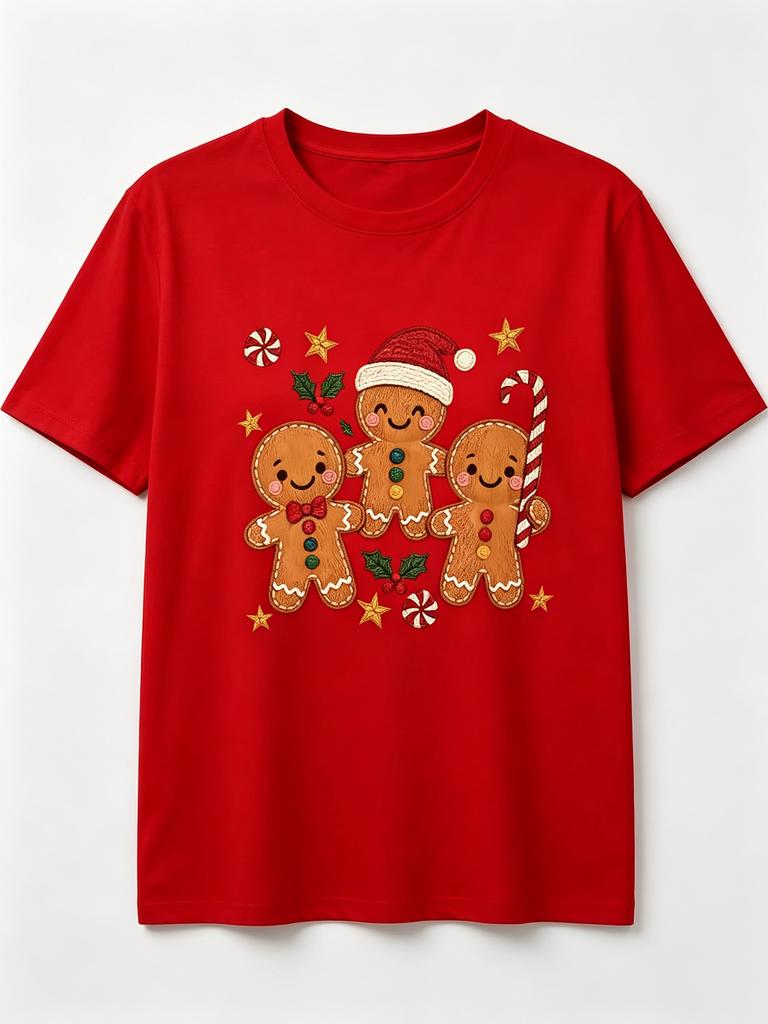 New Fashionable Women's Round Neck Christmas T-Shirt with Trendy, , and Simple Gingerbread for Man Print, Versatile, Comfortable,, and Casual Short