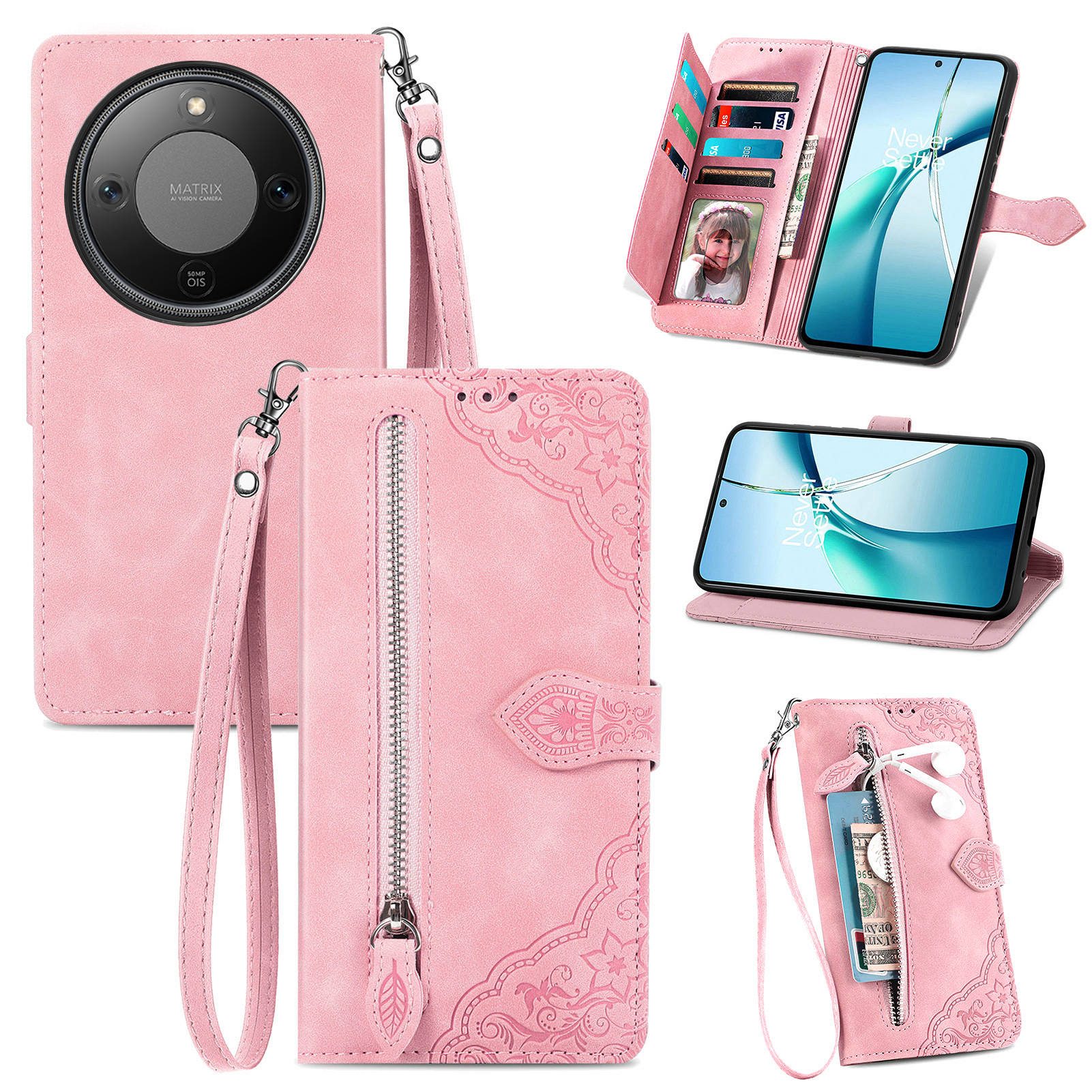 Для Honor Magic8 Lite 5G/X9d 5G/X70 5G Кошелек-чехол на молнии с ремешком Цветочный отпечаток Чехол для телефона из ПУ кожи
