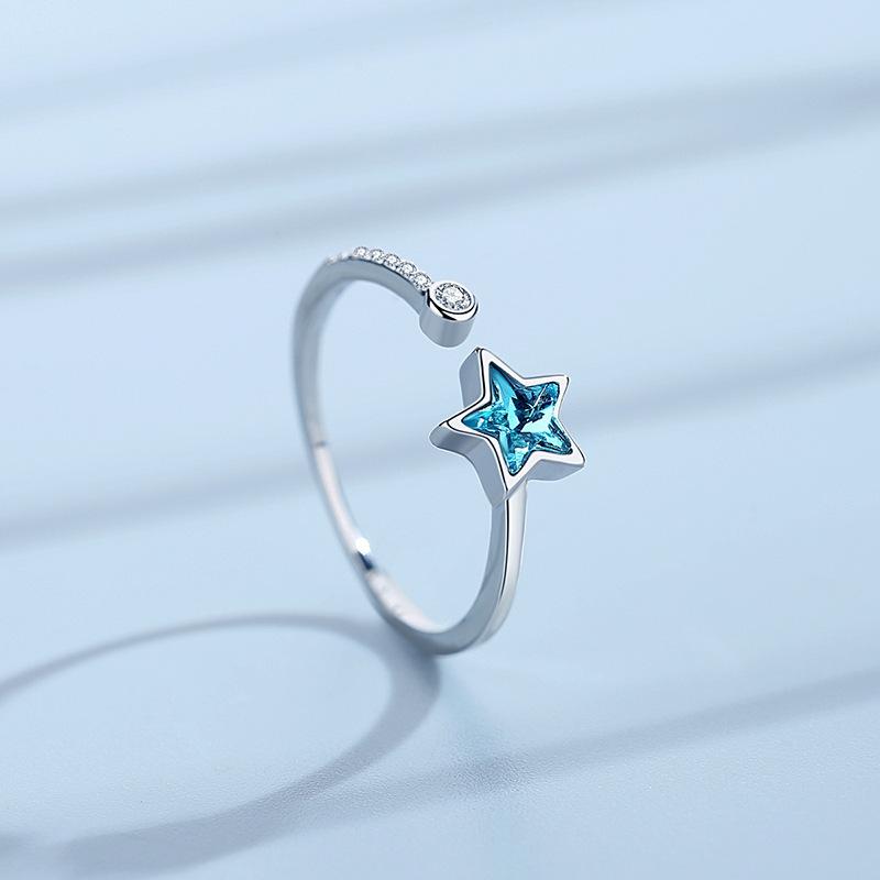 Pure 925 Beautiful Silver Star Ring For Women Featuring Unique Blue Detail