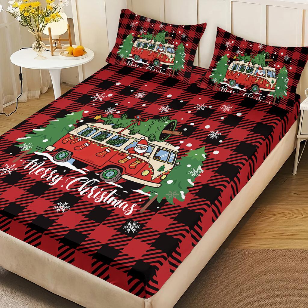 3pcs red checkered Christmas truck print coreless bed sheet set multi size bedcover bedroom bedding decoration machine washable