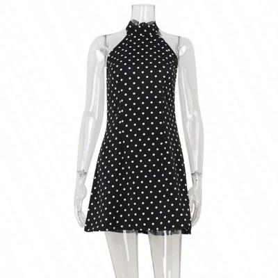 Elegant French Halter-neck Backless Slim Fashion Polka Dot Print, Sexy Pure and European American A-line Dress