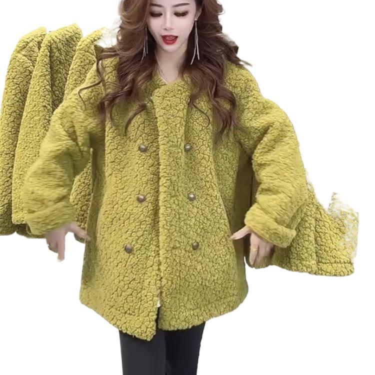 2025 Autumn/Winter Faux Lambswool Korean Double-Breasted Mid-Length Women's Fashion Coat