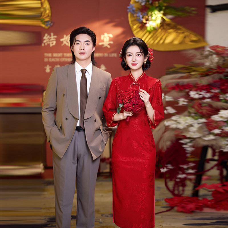 1011 New Chinese Red Long Sleeve Autumn Improved Cheongsam Women's Premium Bridal Toast Wedding Dress