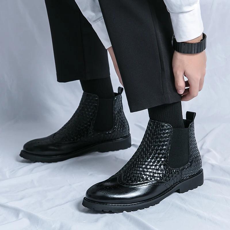 Fashion Chelsea Boots Men PU Plaid Patchwork Block Carved Business Formal Boots Classic Comfort High Top Men Boots Large Size 38-46