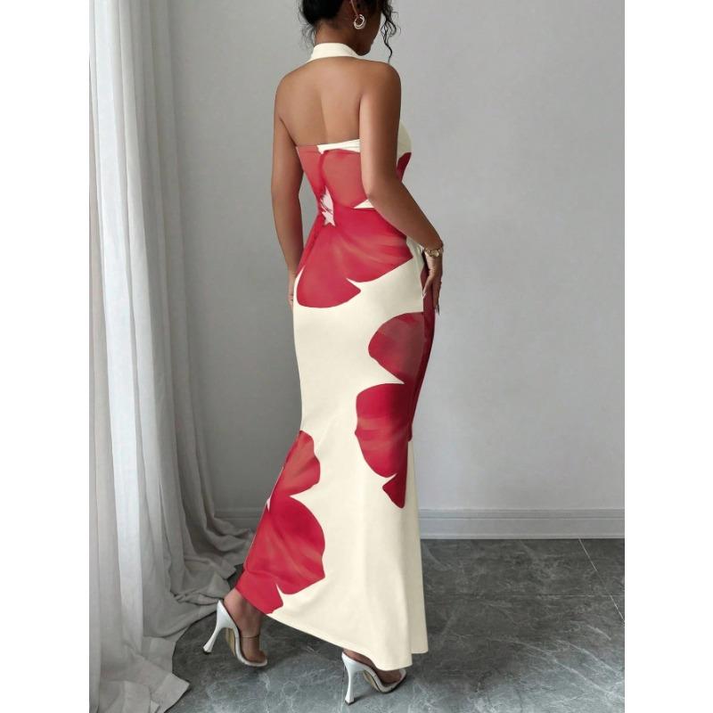 Summer Women's New Style Halterneck Backless Long Skirt Hip-covering Printed Dress