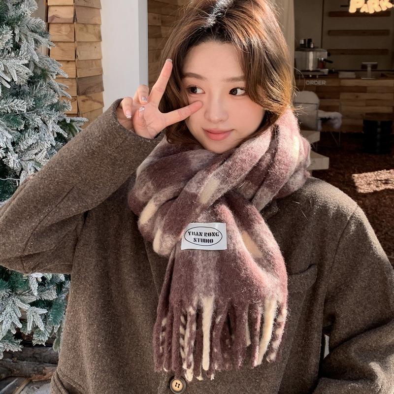 Coffee temperament wool blended knitted scarf women's winter versatile thickened warm scarf