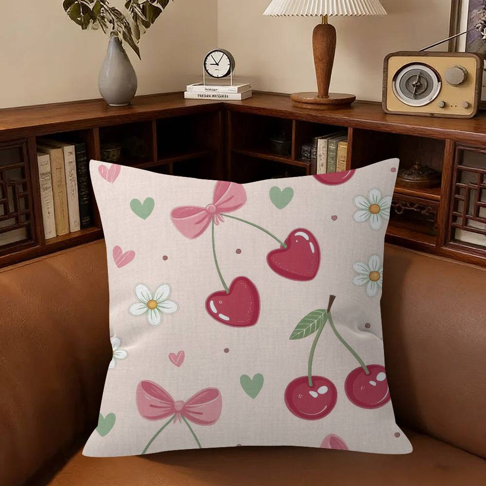 Art Pink Bow Cherry Lovely Kawaii Cushion Cover Inches Farmhouse Decor Home Throw Pillow Covers For Couch Decorations