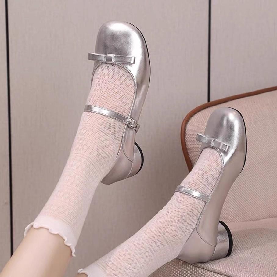 2025 spring and autumn versatile two wear thick heel round head silver Mary Jane shoes French retro bow light mouth single shoes women