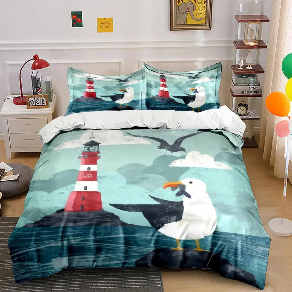 """Leuchtturm Möwe Ozean Dekorations-Set"" Weiches Bequemes Bettwäsche-Set Bettbezug Enthalten 1*Bettbezug & 2*Kissenbezüge Geschenk"""