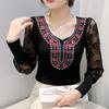 Spring Autumn European Clothes Women's T-Shirt Sexy Lace Long Sleeve Mesh Tops Chic Vintage Luxury Hot Diamonds Tees Shirts