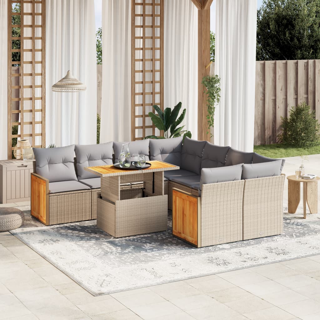 Vidaxl 9-Cz. Garden Furniture Set With Cushions, Beige, Poly Rattan