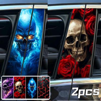 Waterproof Car B‑Pillar Vinyl Sticker Skull Rose Fire Pattern Auto Central Column Decor Decal Universal Car Exterior Accessory