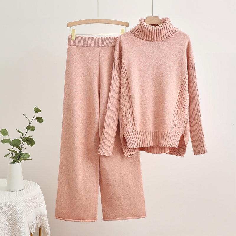 Women's 2-Piece Turtleneck Knit Sweater and Coat Set Casual Loose Wide-Leg Pants Elastic Waist Outfit