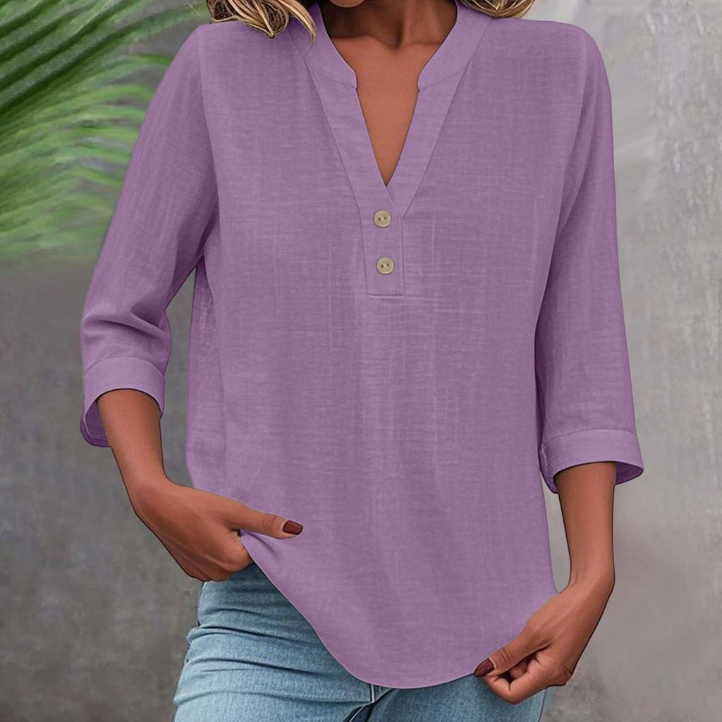 3/4 Sleeve Linen Tops For Women Loose Fit V Neck Button Down Shirts Cute Solid Summer Beach Tee Shirts