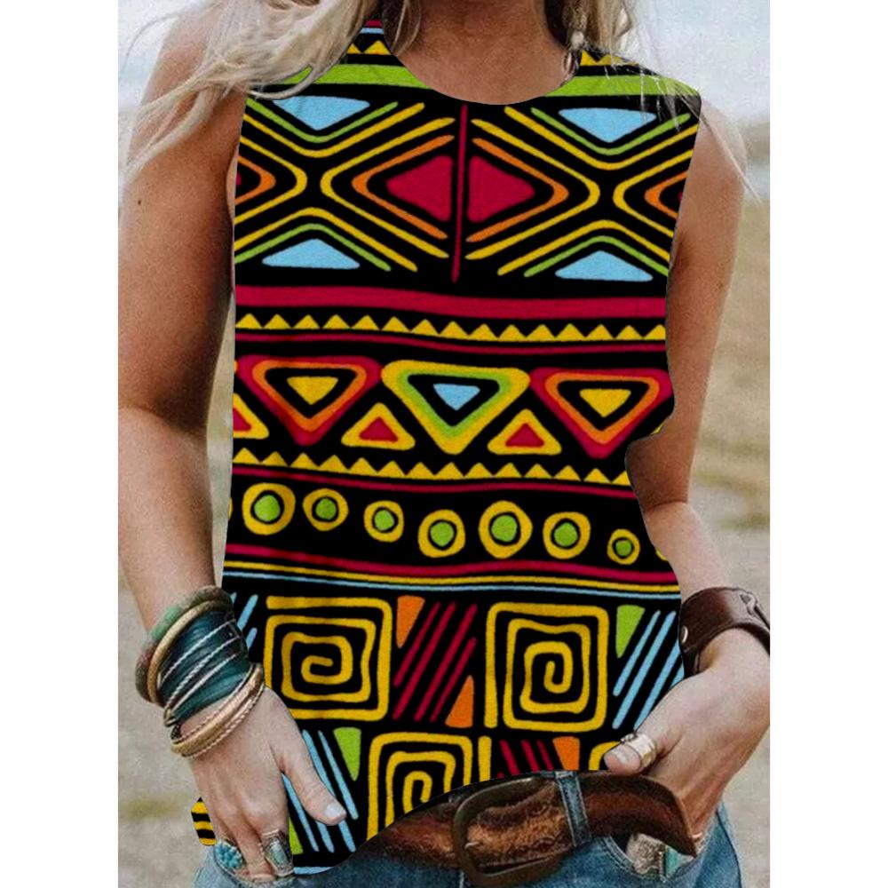 Women's Geometric Rainbow 3D Printed Sleeveless T-shirt, Round Neck Off Shoulder Casual Tank Top, Y2K Sleeveless T-shirt, Women's Summer Dress